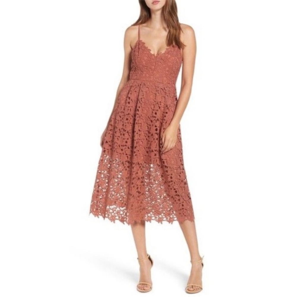 Astr Lace Midi Dress in "Coral Cedar" color